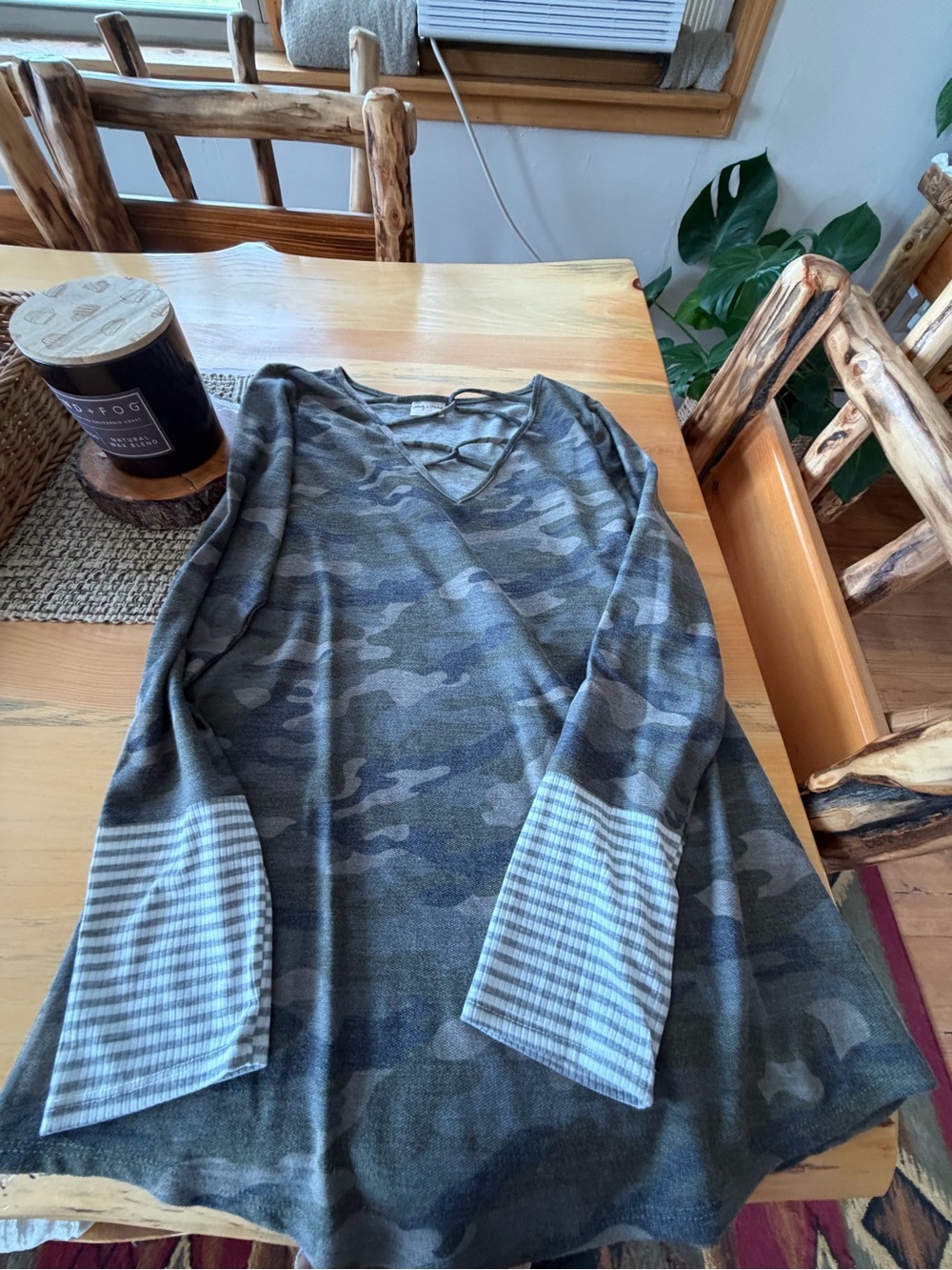 Lovely Melody Olive Green Camouflage Long Sleeve Tee with Striped Cuffs